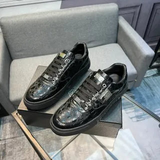 Philipp Plein Sport Black Glossy Croc-Embossed Leather Metallic Hardware Plaque Sneakers