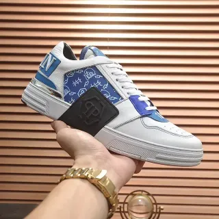 Philipp Plein White and Blue Graphic-Print Lifestyle Sneaker