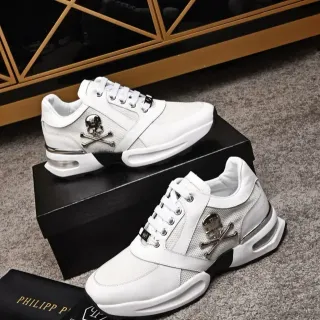 Philipp Plein सफेद काला मेश और चमड़े की ऊपरी क्रोम इमब्लम लाइफस्टाइल स्नीकर