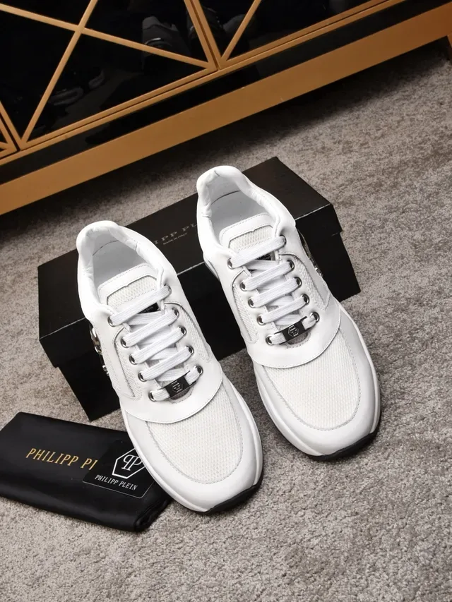 Philipp Plein Sneakers Lifestyle Blancs Noirs Avec Maille Et Cuir Supérieur Emblème Chromé 3