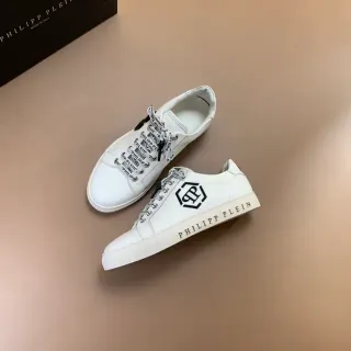 Philipp Plein सफेद काला चिकना चमड़े की ऊपरी साइड ब्रांडेड बुना लेस लाइफस्टाइल स्नीकर