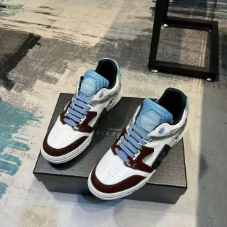 Philipp Plein White Burgundy Layered Multi-Panel Construction Patent Leather Accents Sneakers