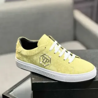Philipp Plein Yellow White Textured Suede-Like Upper Flat Rubber Sole Lifestyle Sneakers