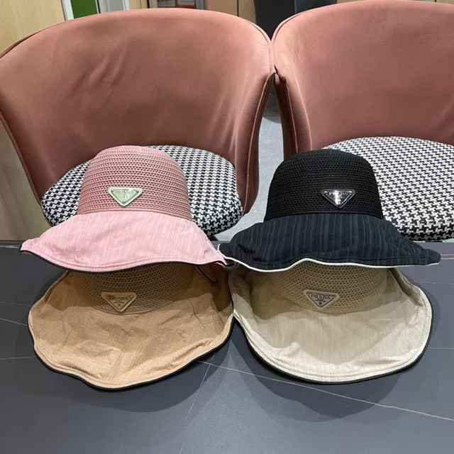 Prada Beige Black Wide-Brimmed Soft Crown Bucket Hat 2