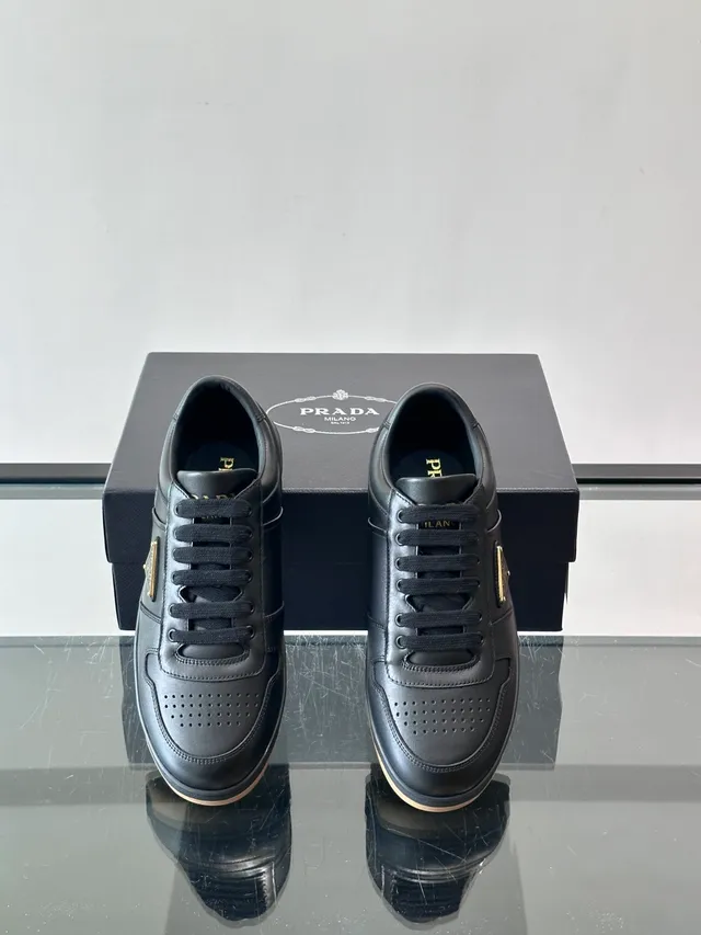 Prada Preto Bege Couro Superior Perfurado Dedo Lifestyle Sneakers 4