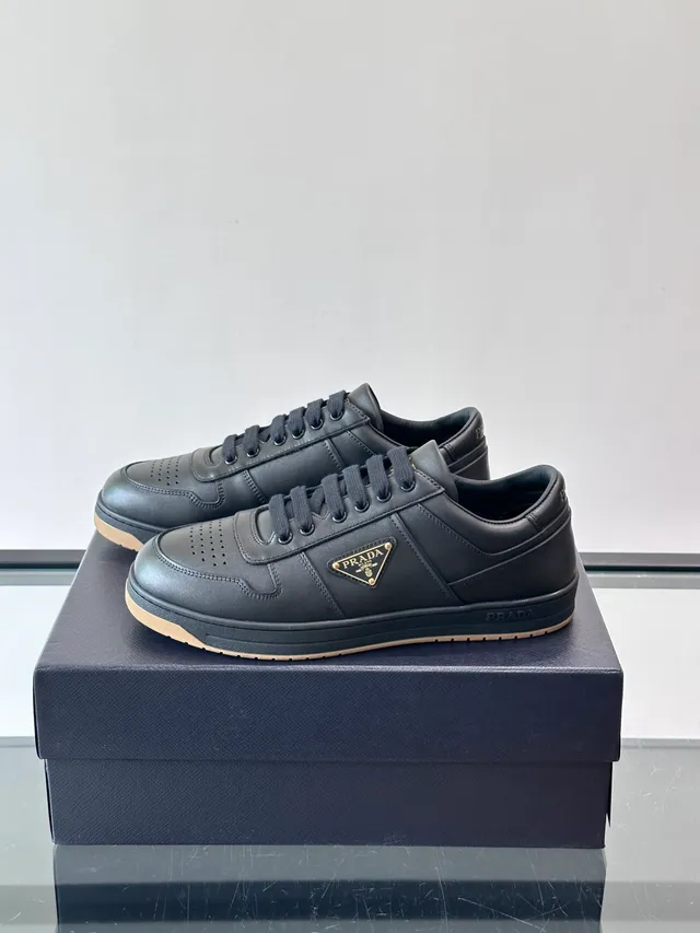 Prada Preto Bege Couro Superior Perfurado Dedo Lifestyle Sneakers 5