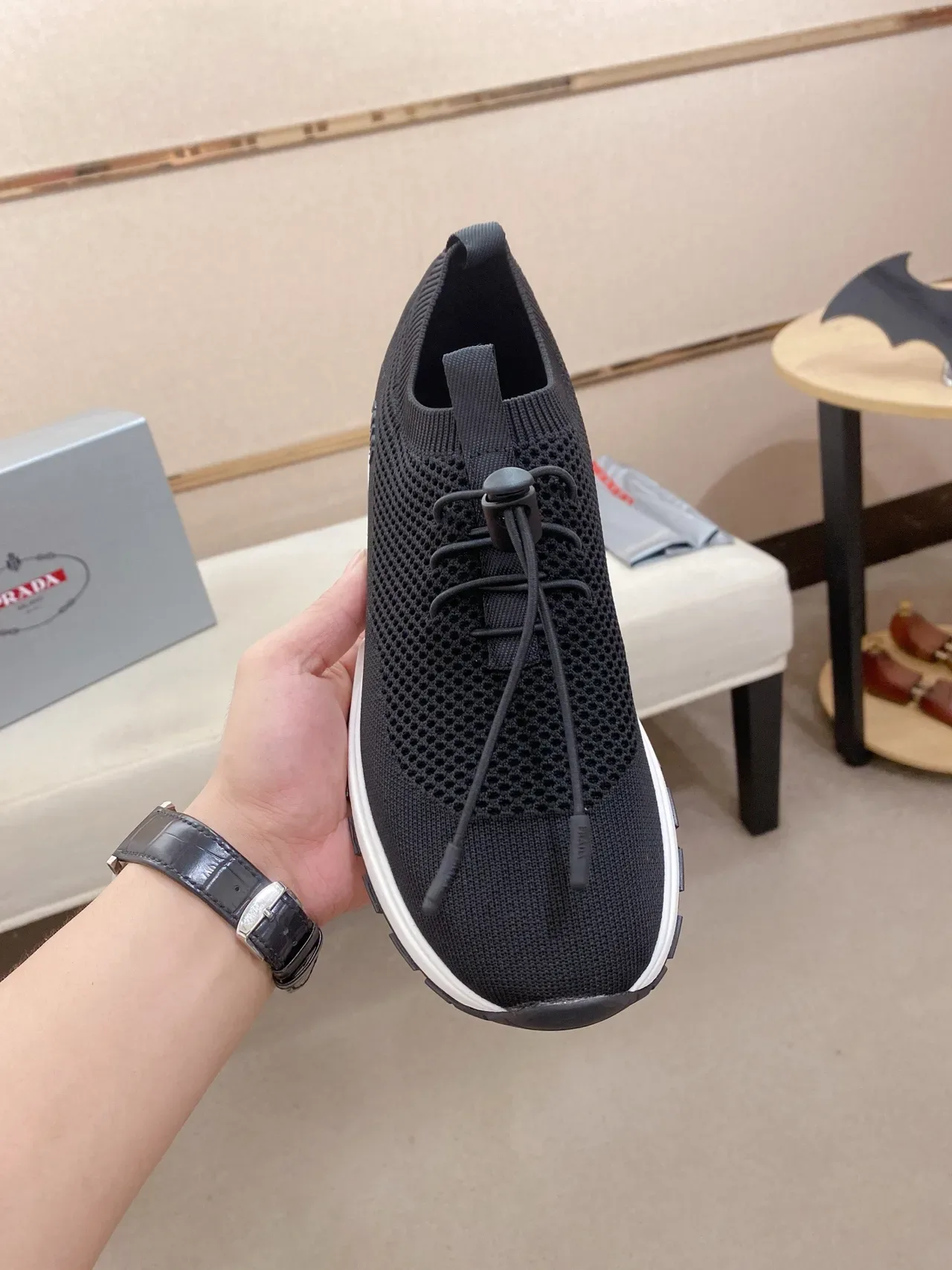 Prada Chaussures Lifestyle Noir Blanc Tricot Ajusté Chaussure Dessus Cordons à Tirant 2
