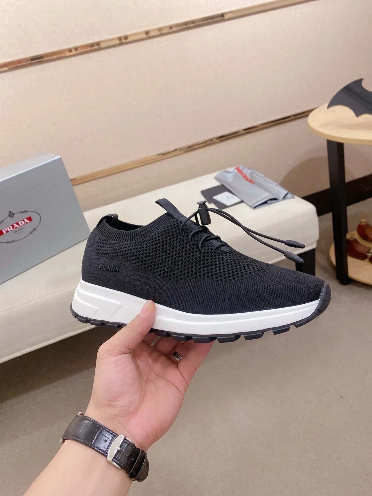 Prada Chaussures Lifestyle Noir Blanc Tricot Ajusté Chaussure Dessus Cordons à Tirant 4