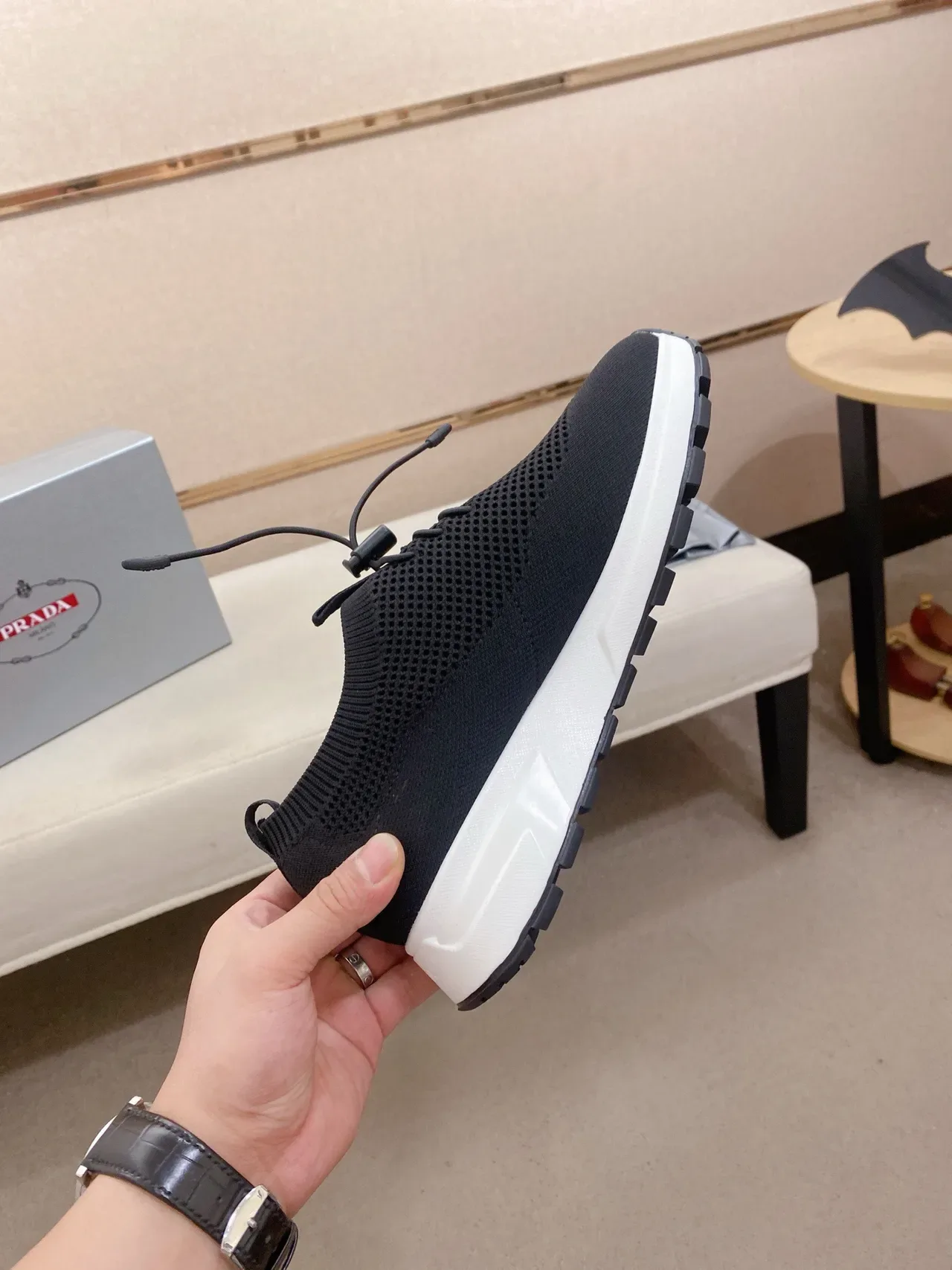 Prada Chaussures Lifestyle Noir Blanc Tricot Ajusté Chaussure Dessus Cordons à Tirant 5