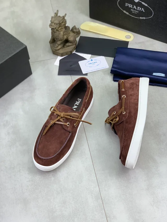 Prada Marrom Bege Camurça Superior Mocasín com Costura no Dedo Sapatos de Bote 5