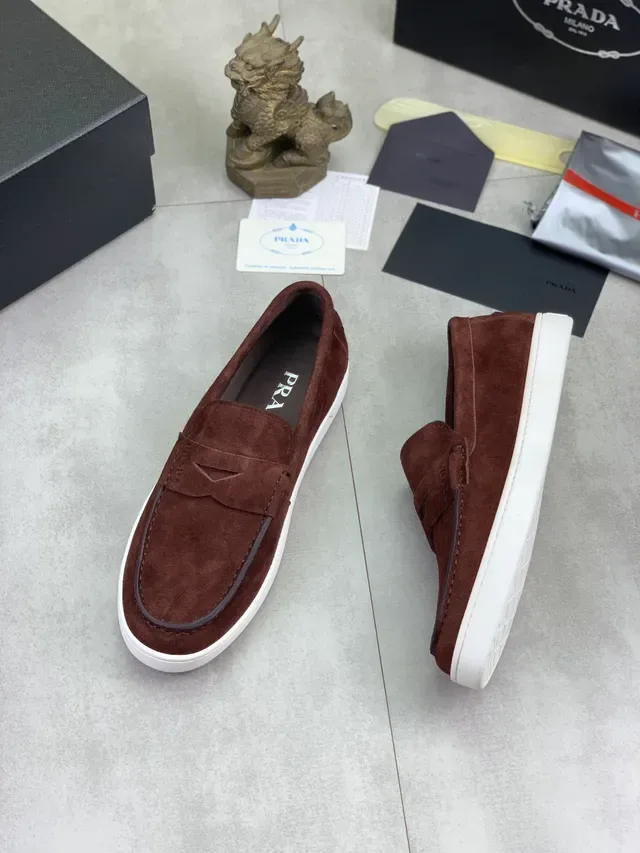 Prada Brown White Suede Upper Penny Strap Loafer 6