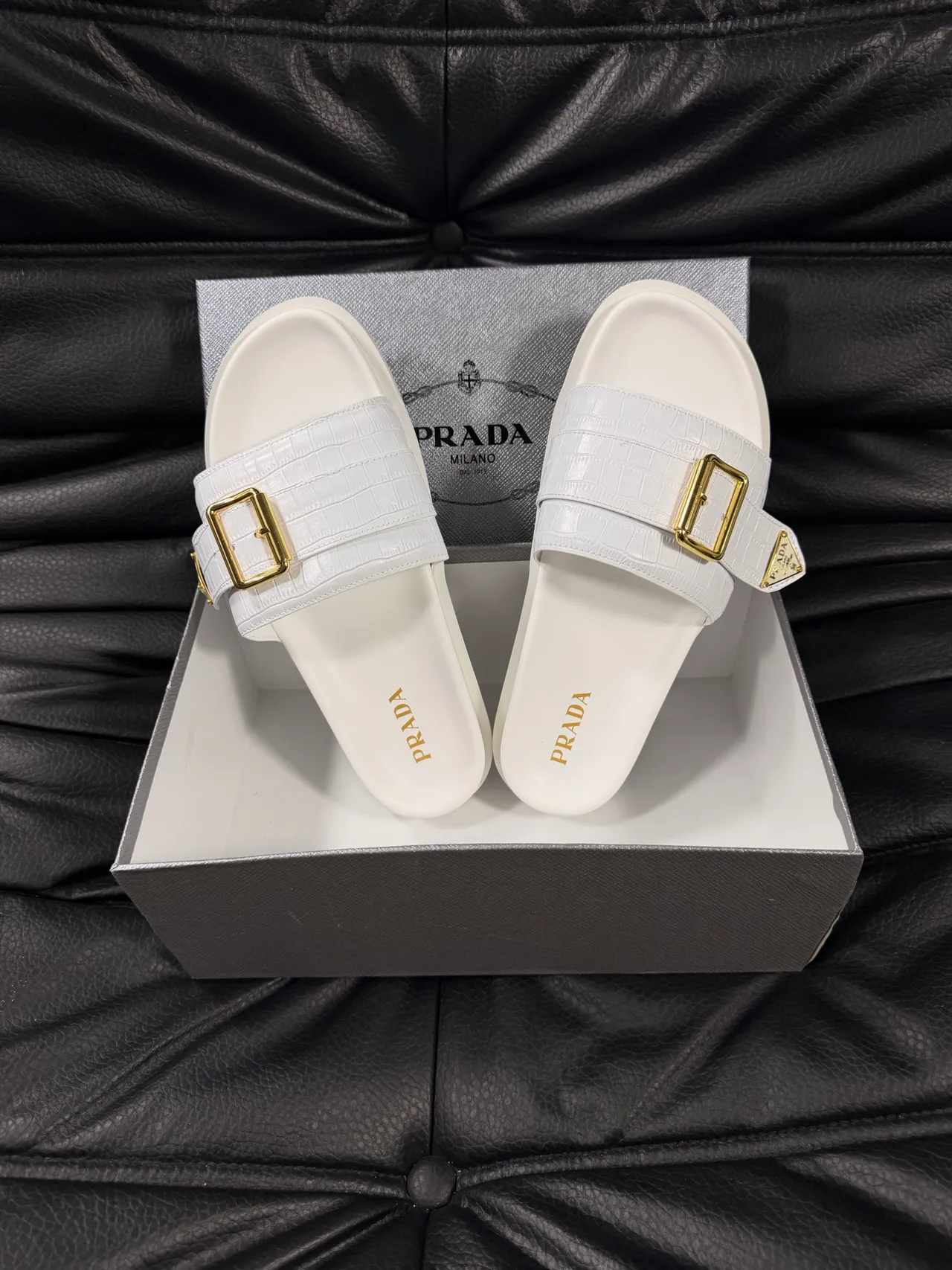 Prada Buckle Slide White Croc-Embossed Strap Slippers 3