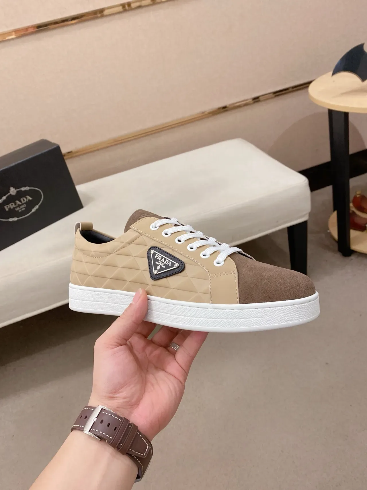 Prada Cloudbust Beige and Brown Quilted Lifestyle Sneakers 4