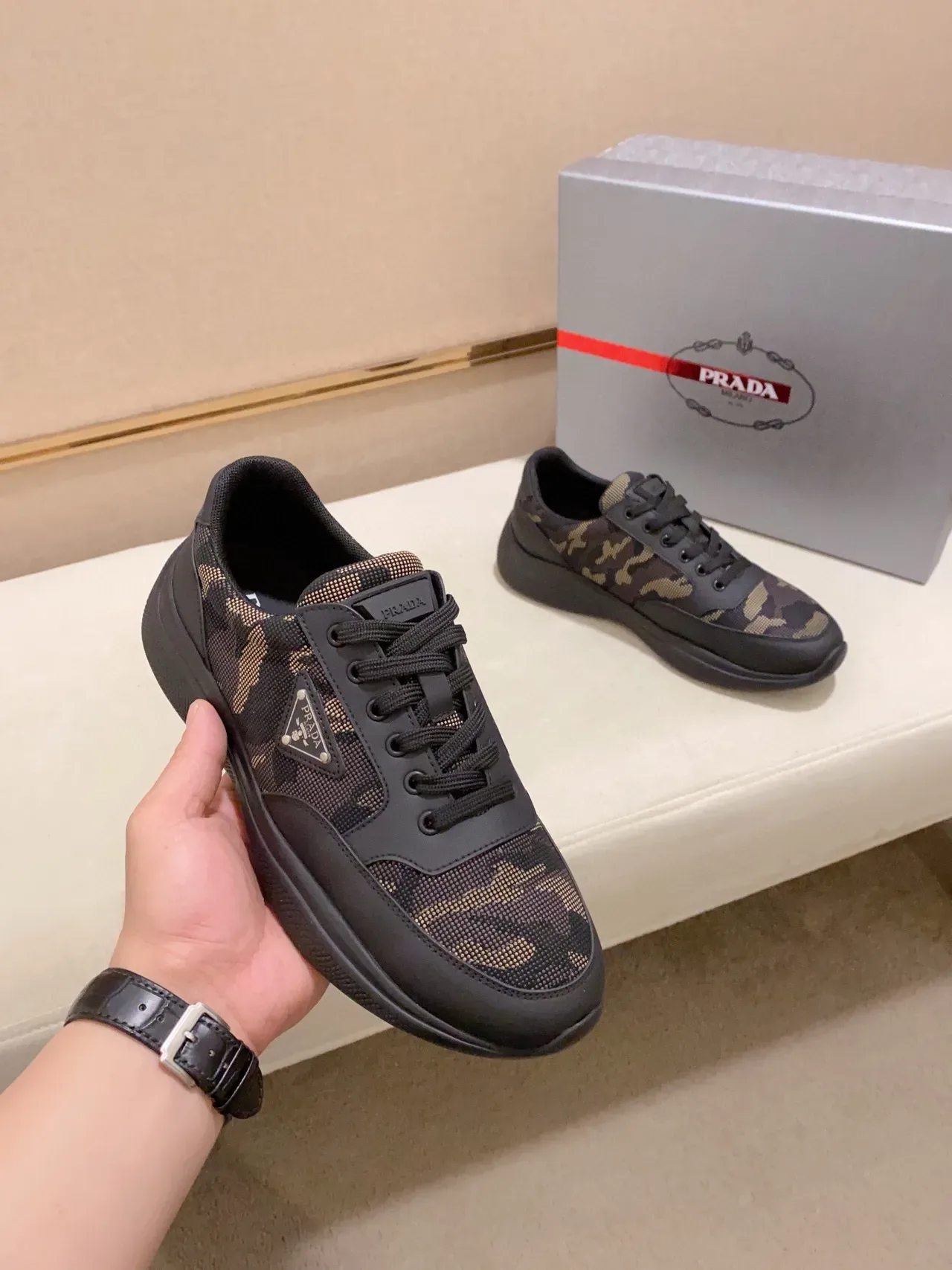 Prada Cloudbust Preto Bege Camuflagem Malha Sintético Sobreposições Tênis Lifestyle 7