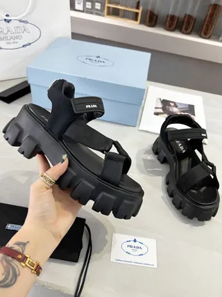 Prada Cloudbust Black Chunky Platform Gladiator Sandals 8
