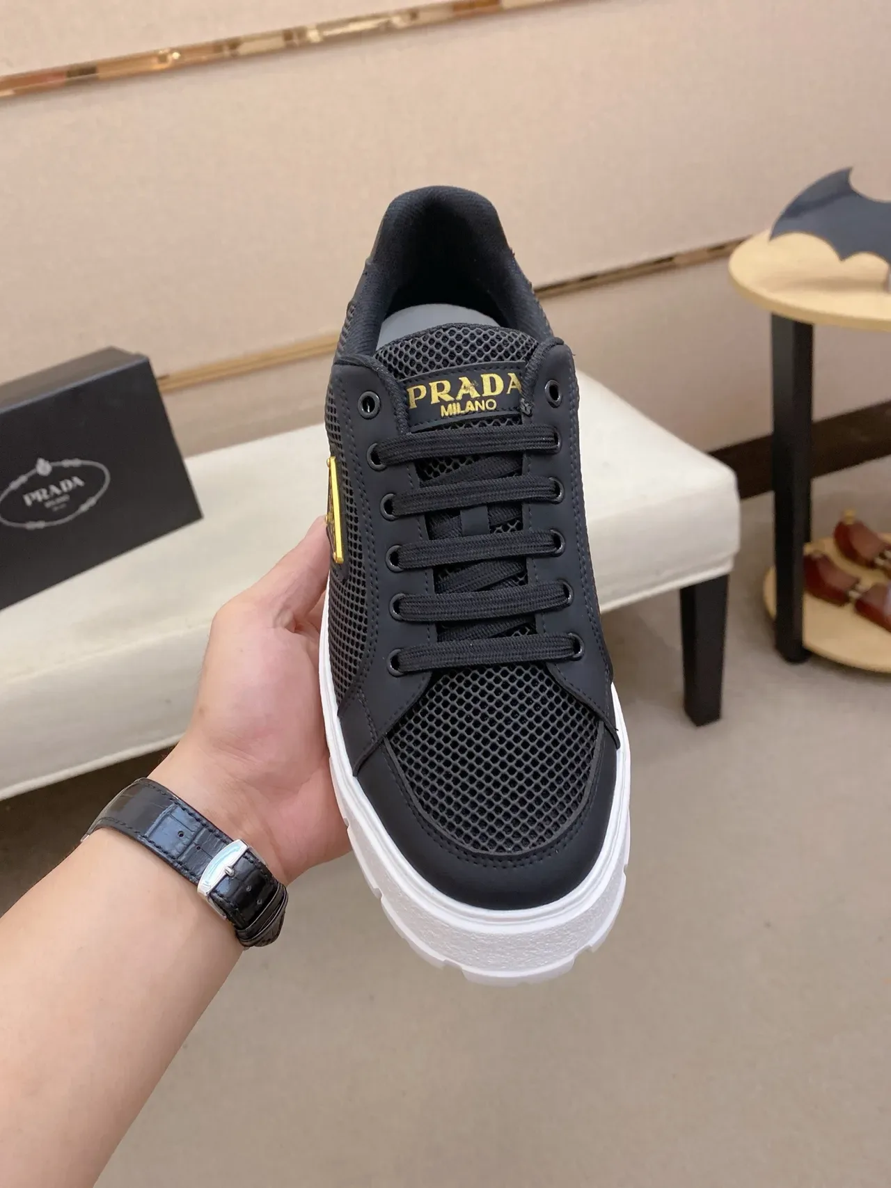 Prada Cloudbust Black Mesh and White Platform Lifestyle Sneakers 6