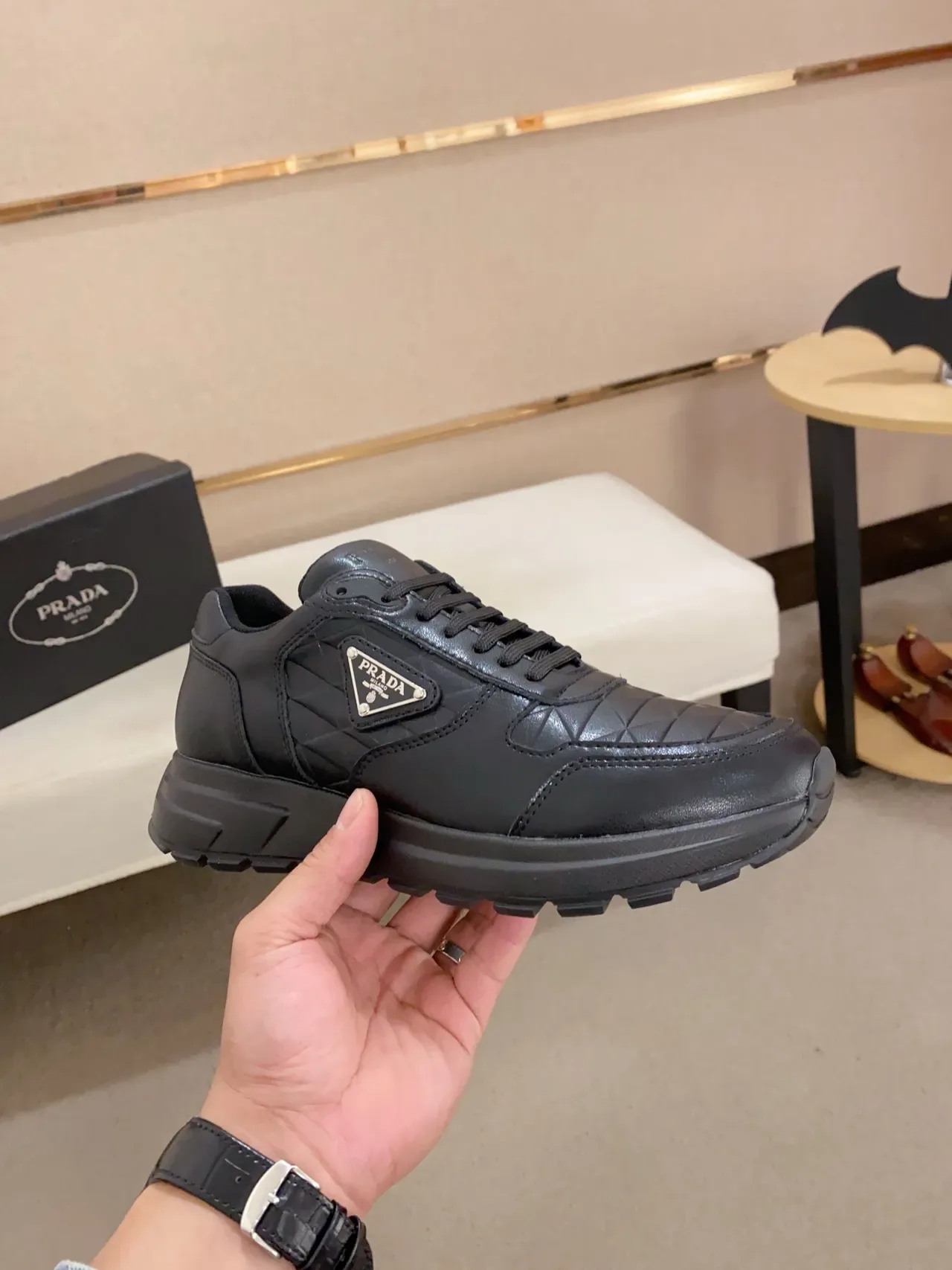 Prada Cloudbust Black Quilted Leather Upper Triangular Logo Plaque Lifestyle Sneakers 4