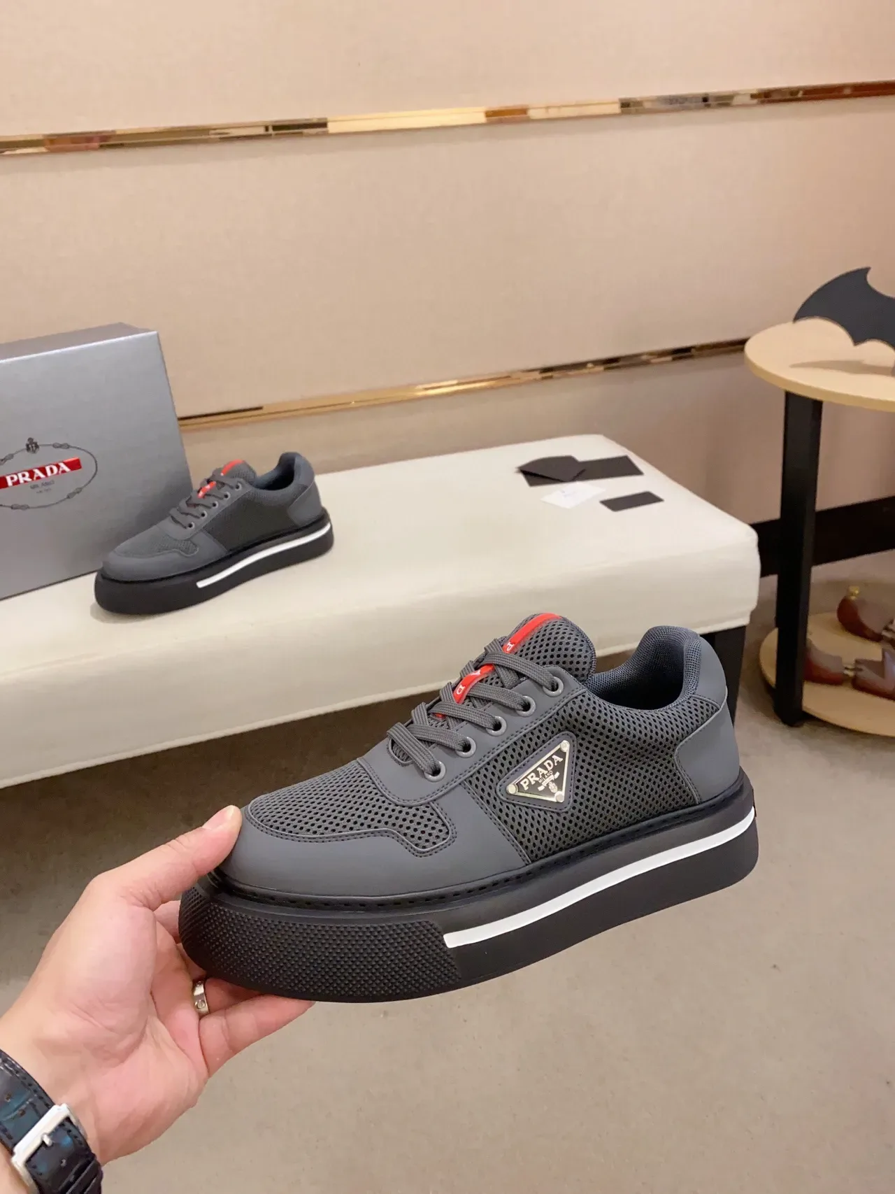 Prada Cloudbust Gray Perforated Mesh Platform Lifestyle Sneaker 4