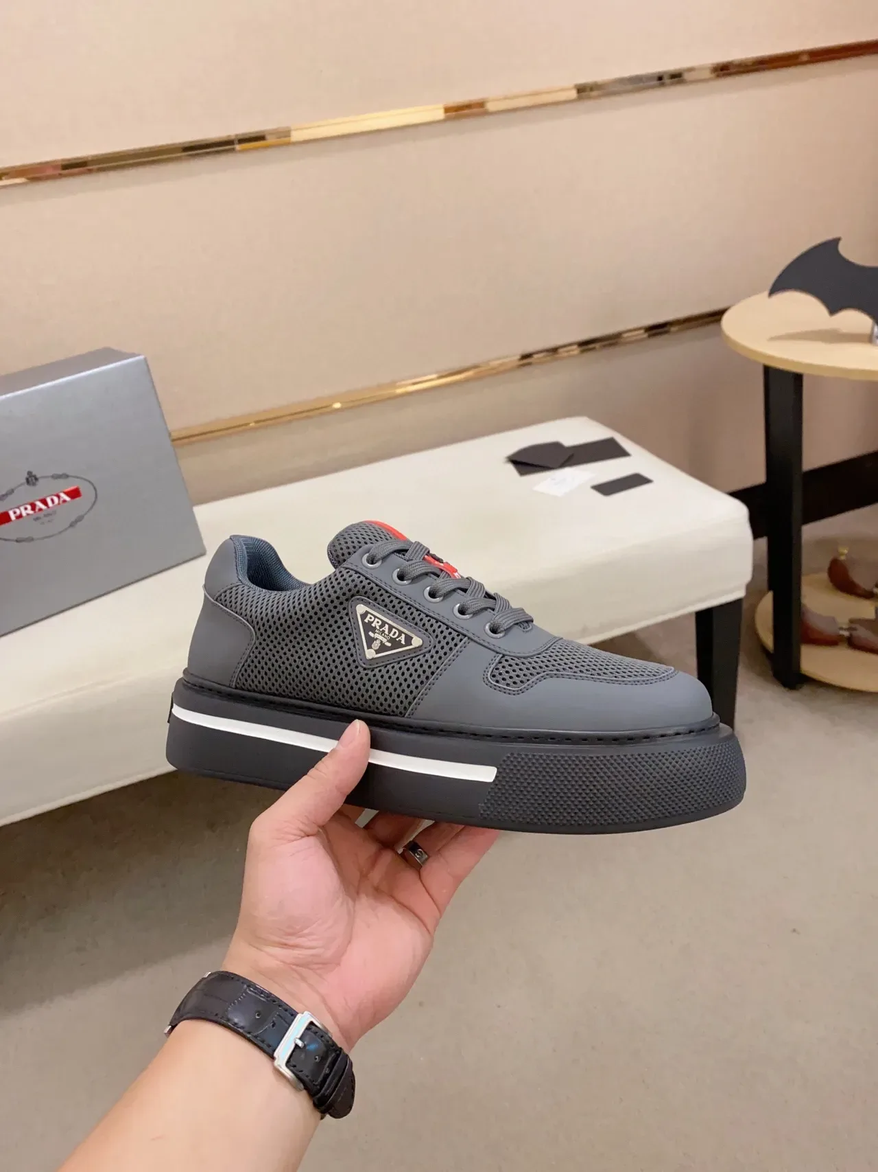 Prada Cloudbust Gray Perforated Mesh Platform Lifestyle Sneaker 5