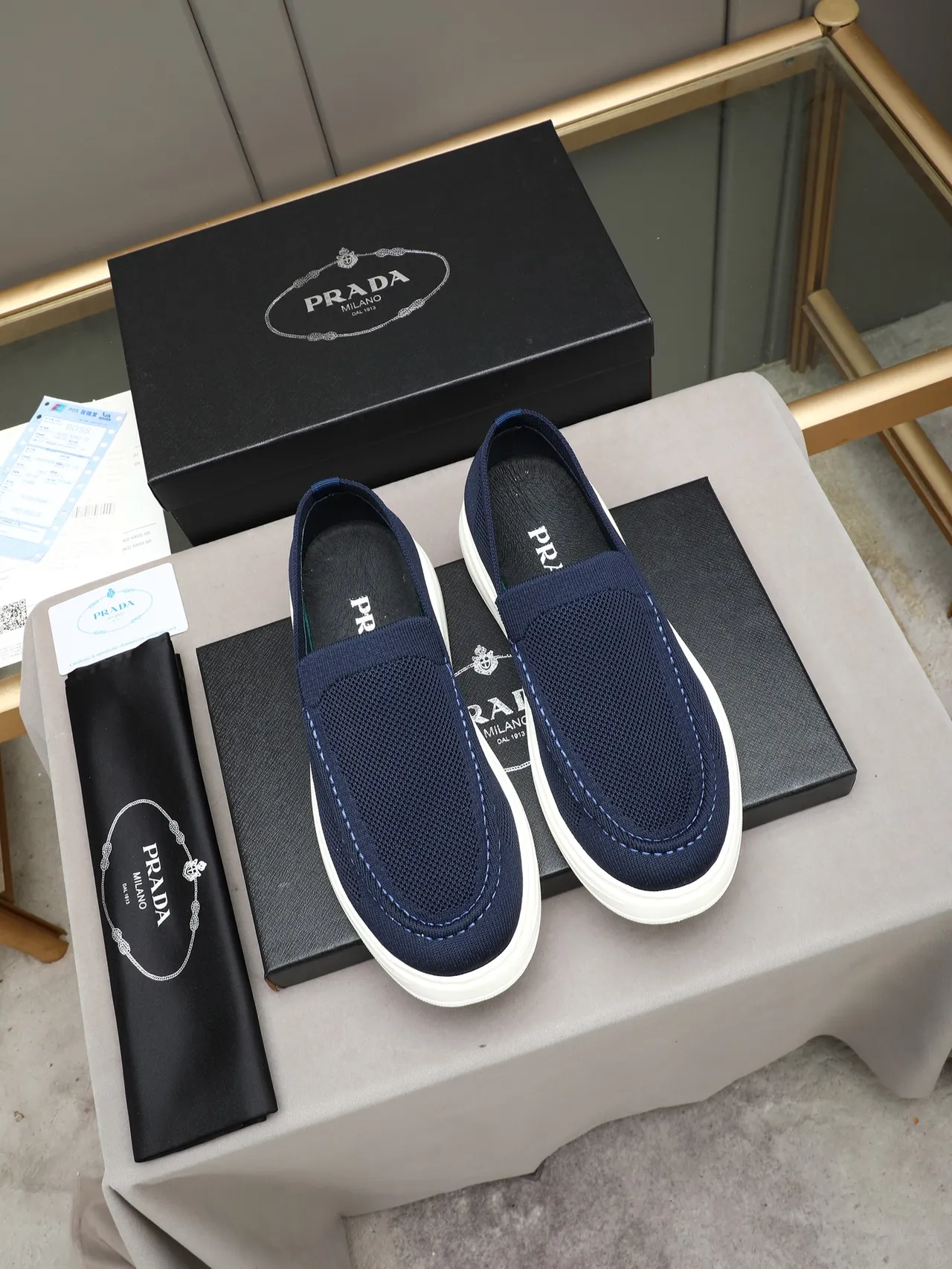 Prada Cloudbust Mocasín Navy Beige Upper en Knit Slip-On Construcción 2