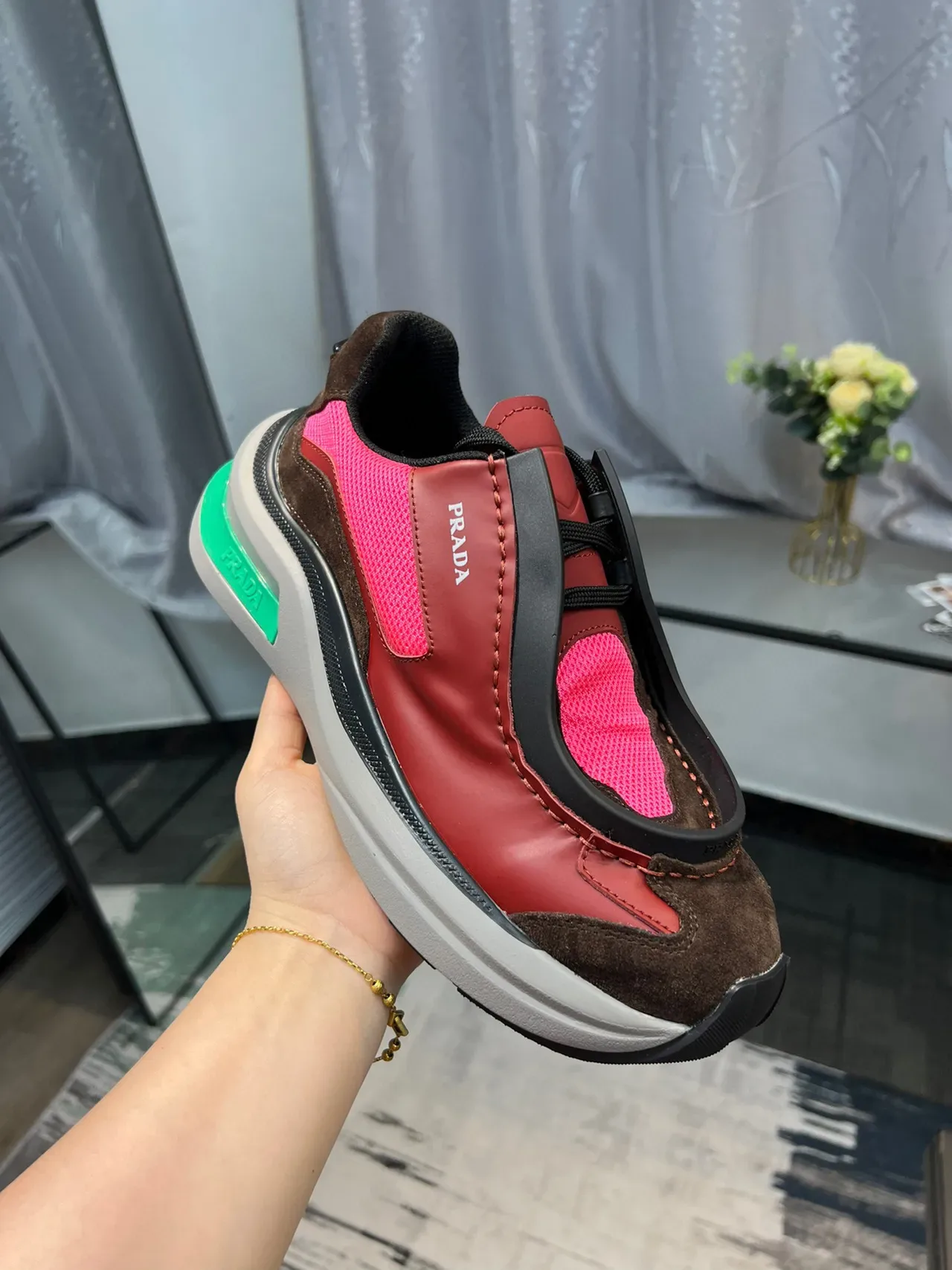 Prada Cloudbust Red Pink Laceless Slip-On Layered Multi-Material Upper Chunky Sneakers 6