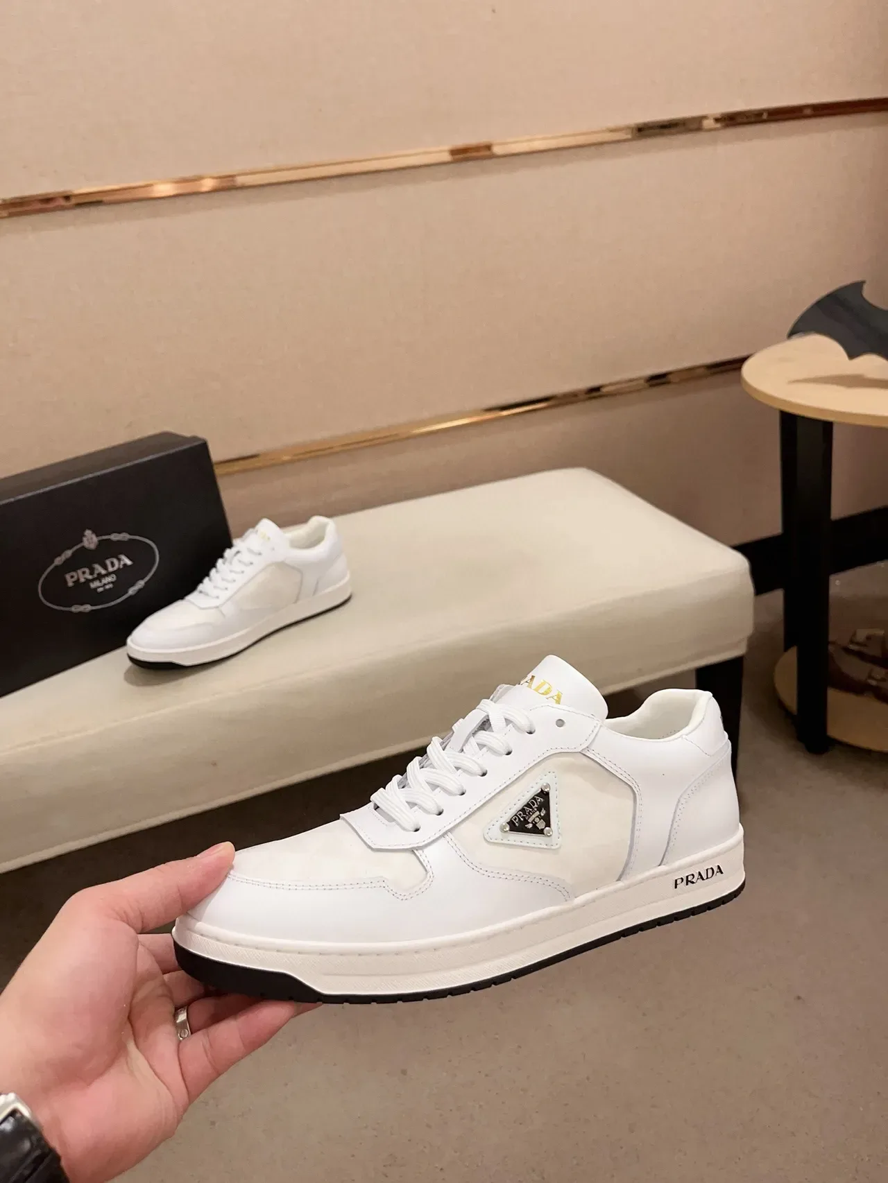 Prada Cloudbust White Black Leather Triangular Logo Patch Lifestyle Sneakers 3