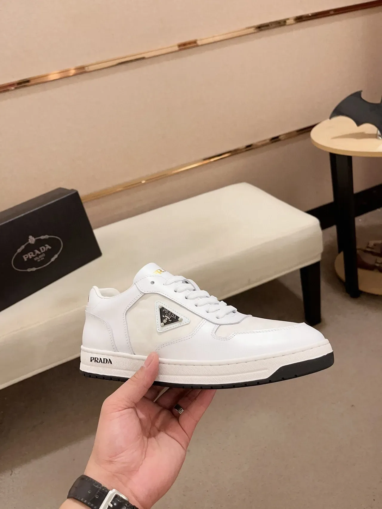 Prada Cloudbust White Black Leather Triangular Logo Patch Lifestyle Sneakers 4