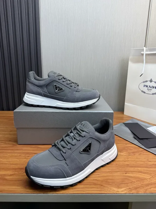 Prada Gray White Suede And Mesh Upper Chunky Midsole Lifestyle Sneakers 4