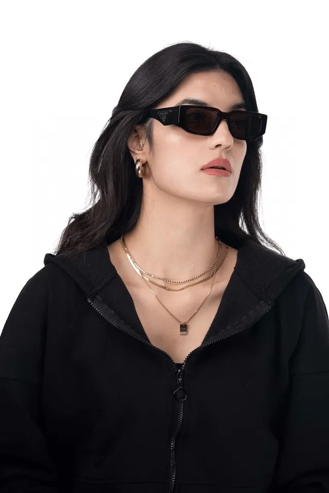 Prada Linea Rossa Gafas de sol negras marrón estrechas rectangulares con esquinas hacia arriba 8