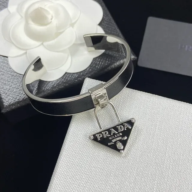 Prada Lock Charm Cuff Black Silver Leather Band Bracelet 5