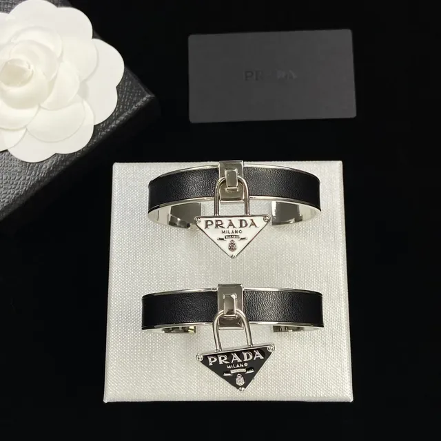 Prada Lock Charm Cuff Black Silver Leather Band Bracelet 6