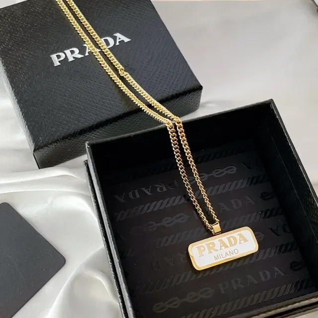 Prada Logo Plaque Gold White Curb Chain Rectangular Enamel Pendant Necklace 8