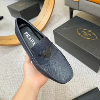 Prada Navy Pebbled Leather Triangle Plaque Loafer