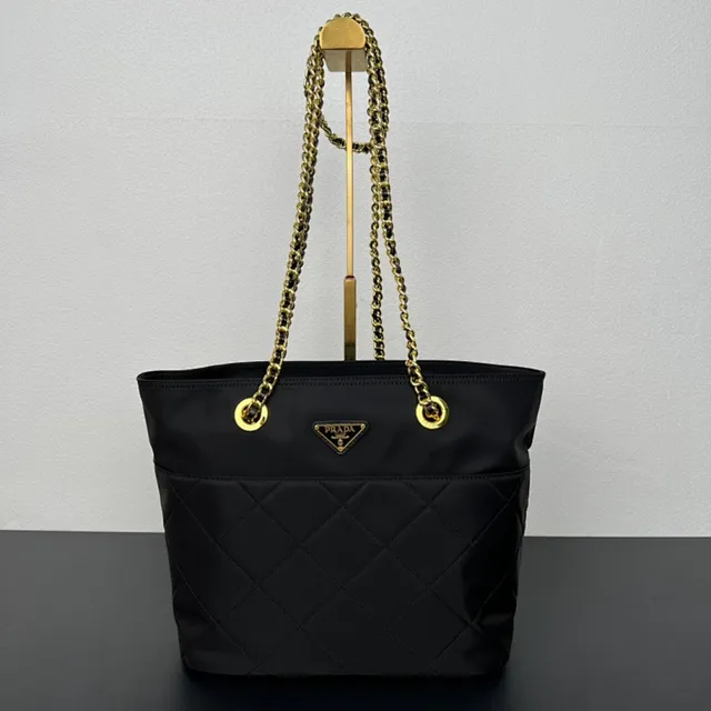 Prada Re-Nylon Quilted Tote Black Gold Chain Handle Tote Bag 2