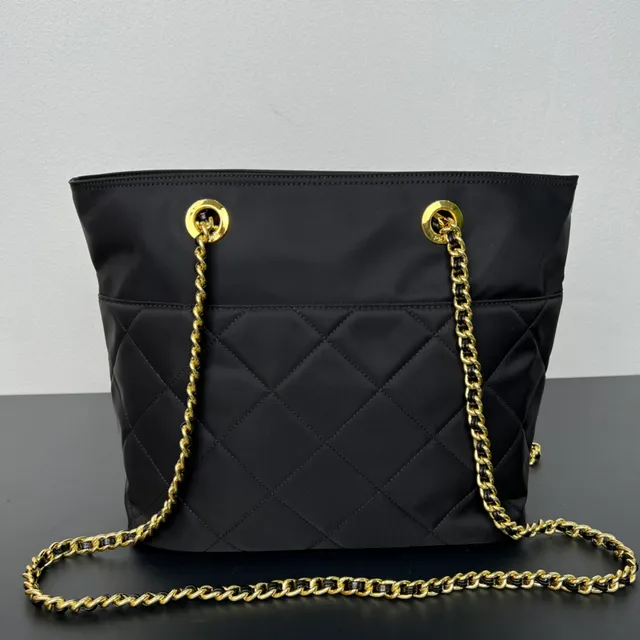 Prada Re-Nylon Quilted Tote Black Gold Chain Handle Tote Bag 3