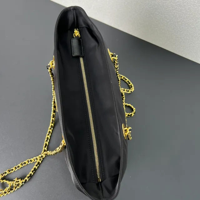 Prada Re-Nylon Quilted Tote Black Gold Chain Handle Tote Bag 5