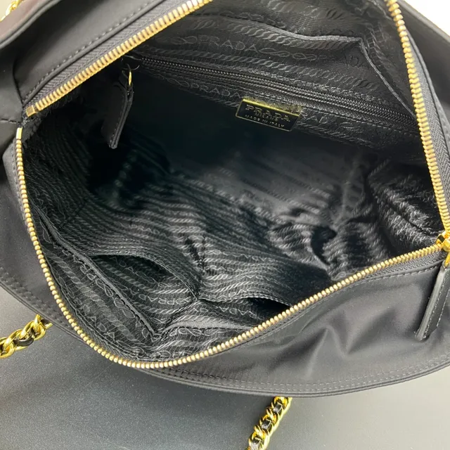 Prada Re-Nylon Quilted Tote Black Gold Chain Handle Tote Bag 6