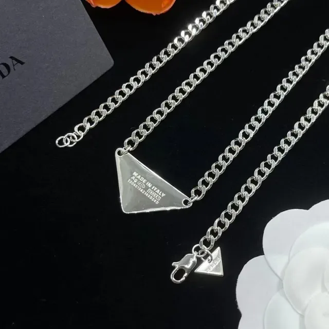 Prada Silver Blue Curb Chain Triangular Enamel Pendant Necklace 2