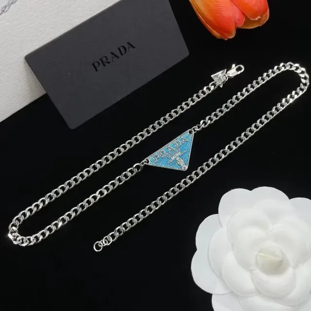 Prada Silver Blue Curb Chain Triangular Enamel Pendant Necklace 3