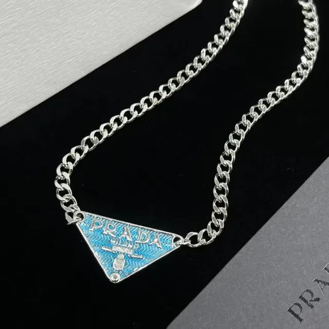 Prada Silver Blue Curb Chain Triangular Enamel Pendant Necklace 5