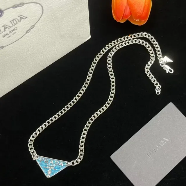Prada Silver Blue Curb Chain Triangular Enamel Pendant Necklace 6
