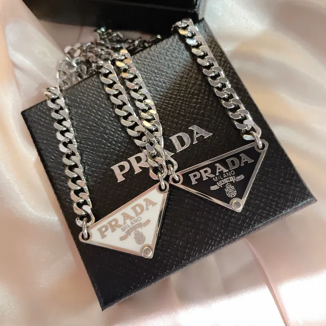 Prada Silver White Triangular Enamel Pendant Curb Chain Necklace 3