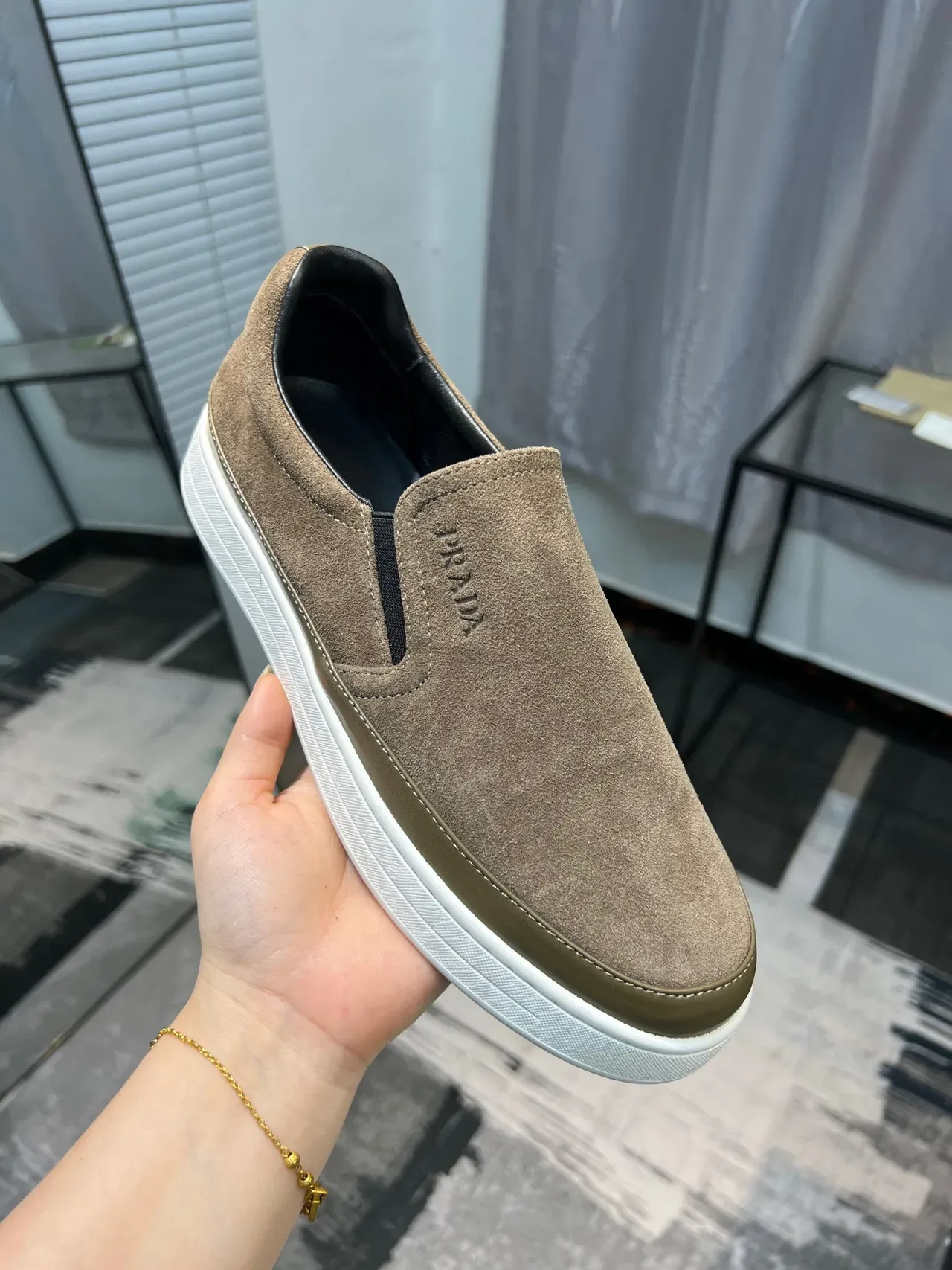 Chaussure Prada Slip-On Daim Marron Olive Casual 6