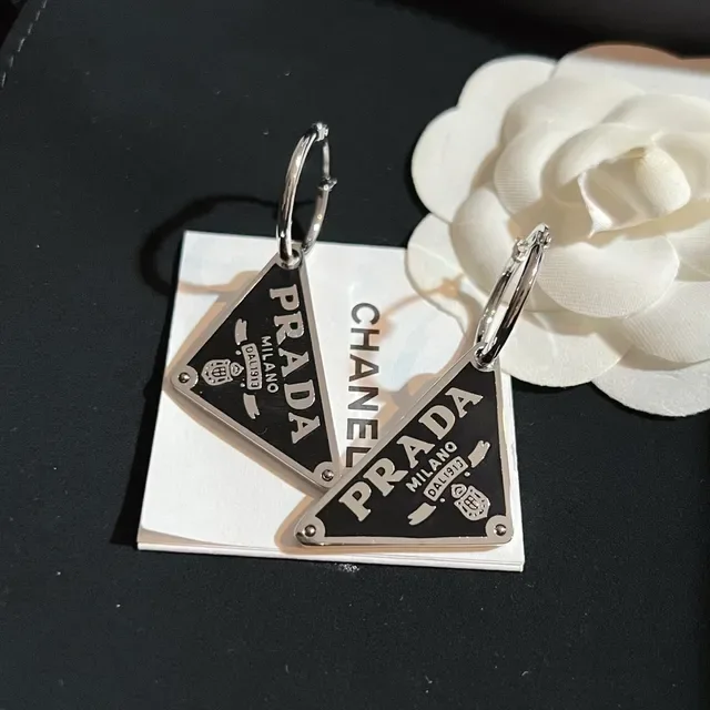 Prada Triangle Black Silver Triangular Enamel Plaque Hoop Closure Earrings 4