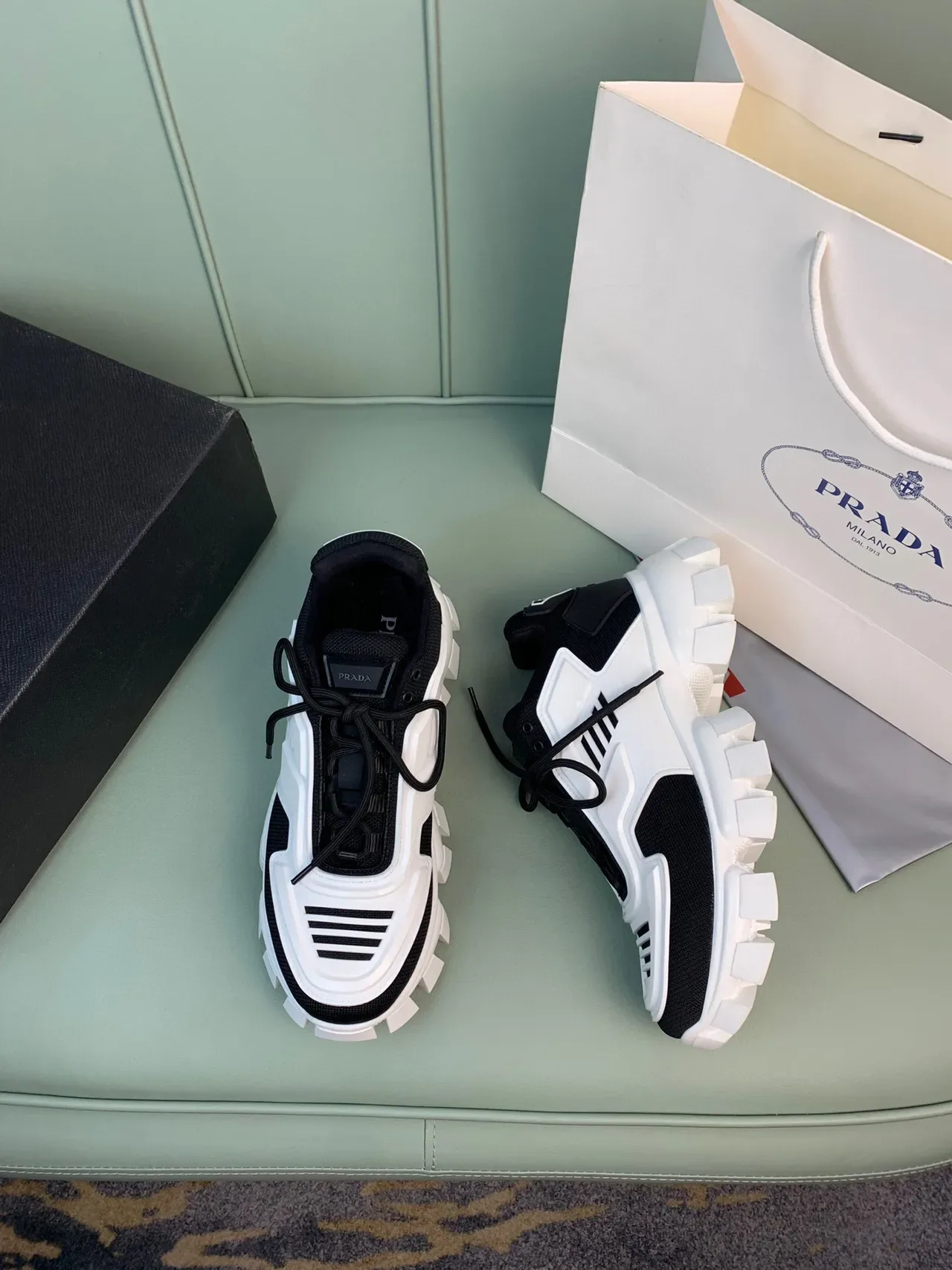 Prada White Black Lug Sole Knit Upper Chunky Sneakers 4