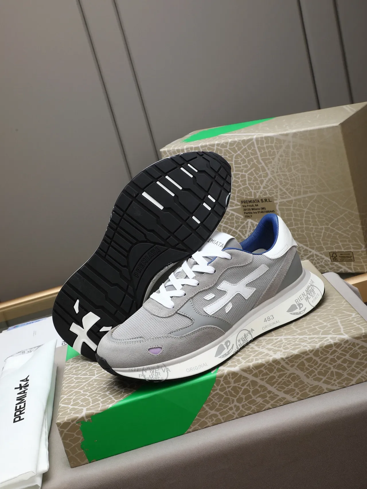 Premiata Gris Azul Material Mixto Parte Superior X-Logo Panel Lateral Zapatillas 4