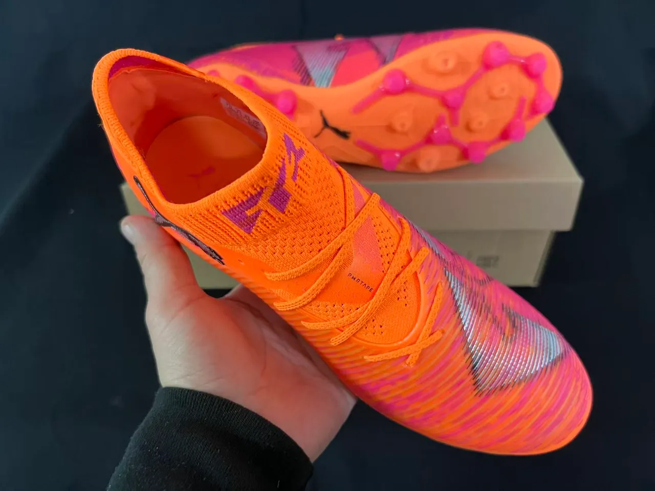 Puma Orange Rose Coupe Haute Col de Chaussette Tricotée Ribbelée Synthétique Cage Milieu Pied Sol Ferme Chaussures de Football 5