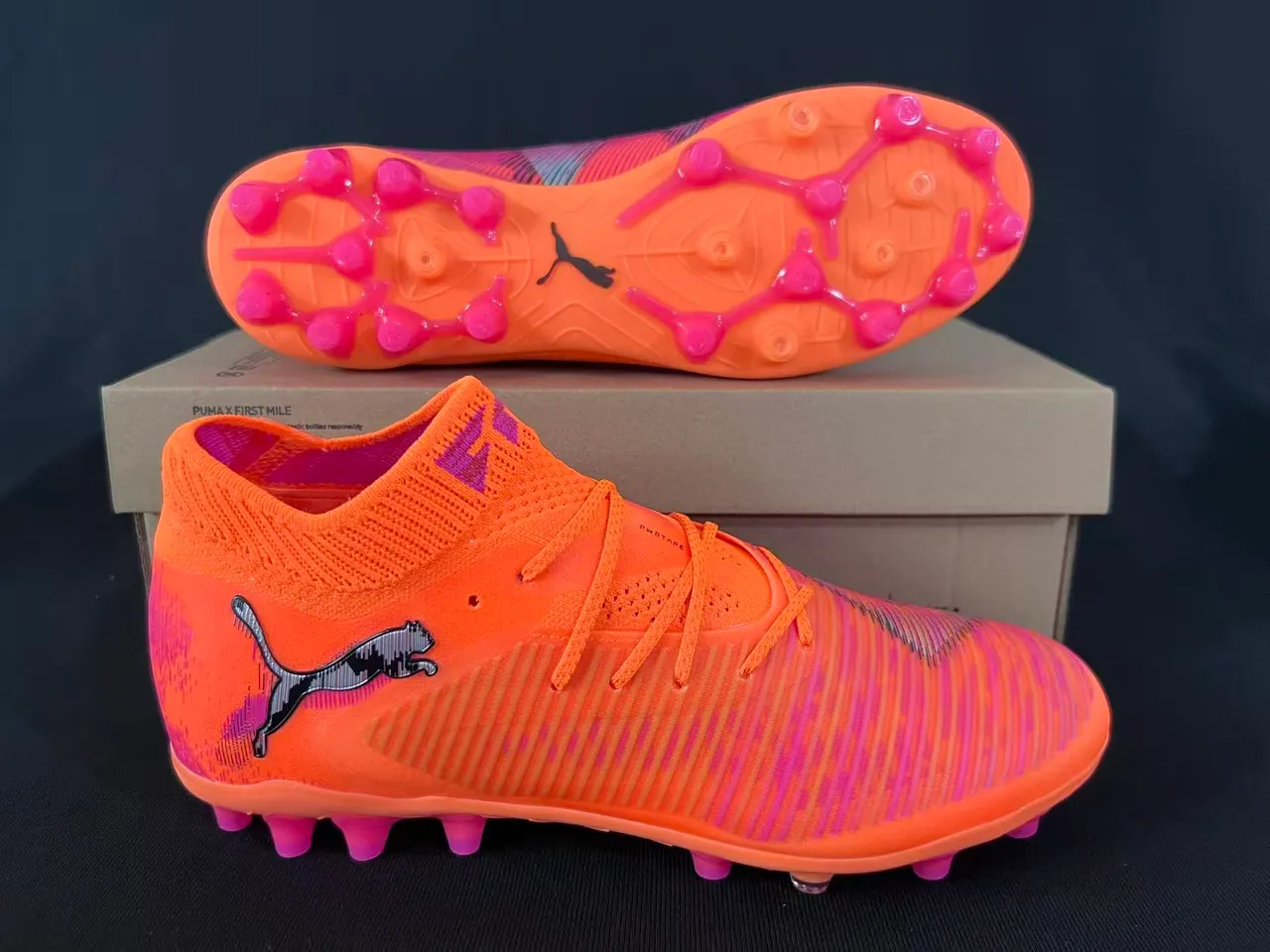 Puma Orange Rose Coupe Haute Col de Chaussette Tricotée Ribbelée Synthétique Cage Milieu Pied Sol Ferme Chaussures de Football 6