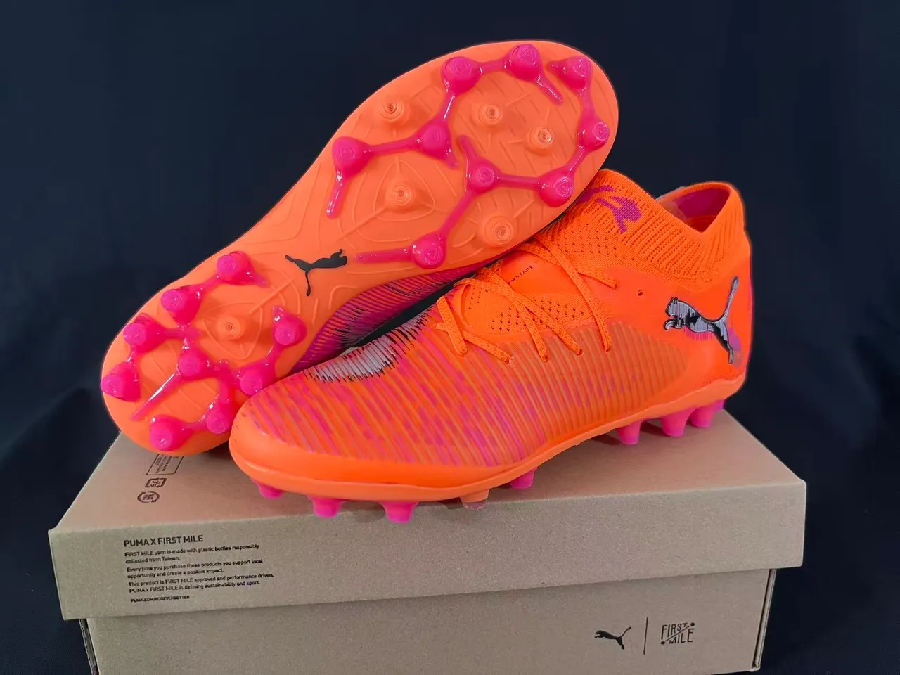 Puma Orange Rose Coupe Haute Col de Chaussette Tricotée Ribbelée Synthétique Cage Milieu Pied Sol Ferme Chaussures de Football 7