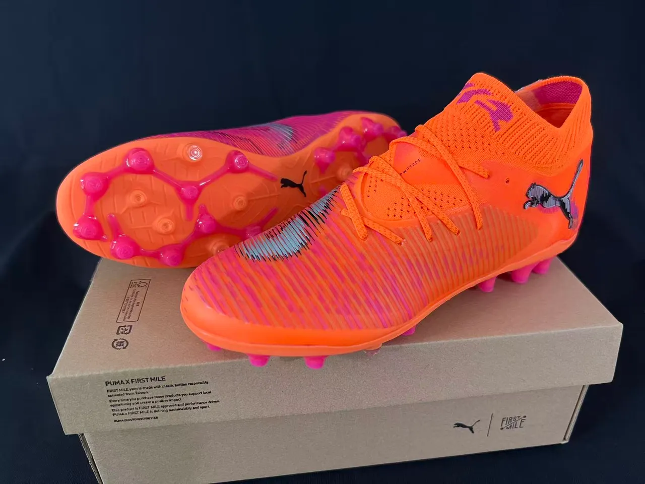 Puma Orange Rose Coupe Haute Col de Chaussette Tricotée Ribbelée Synthétique Cage Milieu Pied Sol Ferme Chaussures de Football 8